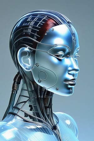 create a cyborg, robot, whimsical, bizarre, random, something marvelous,Clear Glass Skin,wire sculpture
