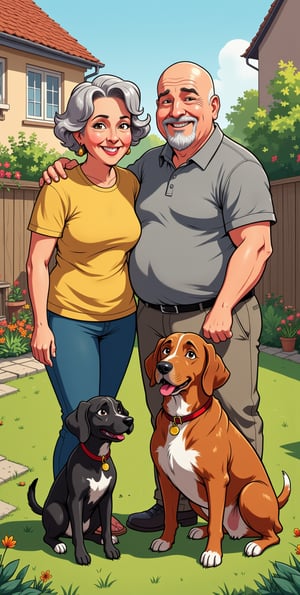 ((a family portrait)), 1x chubby grey haird skin head lady, 1 x bald short fat man with a full goatee, both standing beside each other smiling. In front of the couple are 1x small black puppy sitting and 1x big brindle dog, sitting, they are posing in the back garden