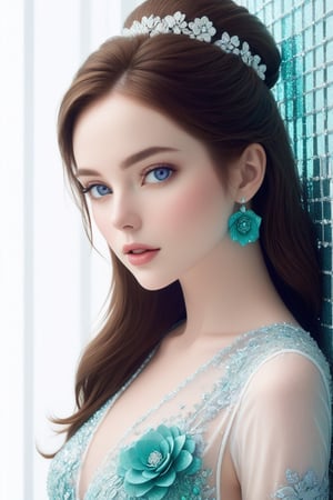 woman, beautiful face, perfect face, violet eyes fully blue, pale white skin, little smile, sexy, perfect, face zoom in, close to face shoot fully white background wall, emerald, best quality, details, canon eos 80d photo, tall face, indoor, long dress, fishnet ,beaded flower decoration,glitter