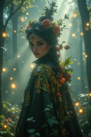 Create an image of a gothic female figure standing in a misty forest. She wears beautifully detailed traditional gothic clothing and has striking makeup. Surrealism style adds a whimsical touch, with upside-down trees and colorful shadows dancing around her.