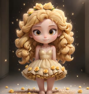 create me an adorable little bridesmaid, with a bunch of cute little yellow roses , ,disney pixar style,glitter,chibi,ANIME GIRL,3D