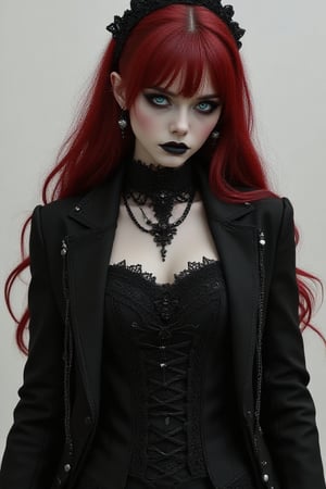 Depict a gothic female in minimalist fashion. She should wear traditional gothic clothing with classic makeup that enhances her beauty. Ensure the background is understated, allowing her to be the focal point of the artwork, radiating elegance and mystery, crimson hair.,FluxGothicRealnime