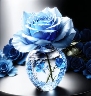 a single stem crystal vase holds a single bright blue rose, on the table at the base of the vase sits pearls of all colours