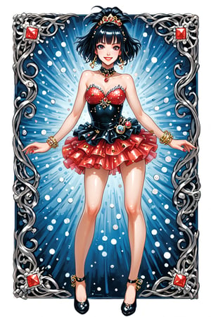 she stands in the middle of the run stage on a rotating pedestal, 4 small runways run off in each direction, she wears a 1920s sequin and fringe detail flapper dress, the bodice is made of bright coloured small gems and sequins, her black  hair is in a traditional 1920s style, her shoes are black stilettos