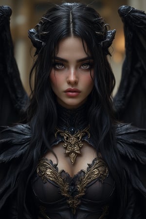 A hauntingly beautiful young woman stands facing the camera in a dramatic composition, her raven-black hair cascading down her back like a waterfall of night. Soft lighting highlights her facial features. Her Gothic-inspired tunic appears to shimmer with otherworldly energy, as if infused with dark magic. 