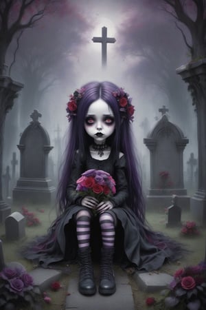 A goth female with long hair streaked in shades of purple, lilac, lavender, pink, and magenta. She is sitting cross-legged in the middle of a cemetery, holding a bouquet of red and black flowers, looking up slightly with a sad expression, goth person