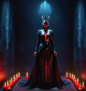 Dark Queen in her castle, candles burn all around, red banners with pictures of ddemons are on them ,darkart,DGQMGirl2XL,CharcoalDarkStyle,DonMQu4n7umZ3r0XL 