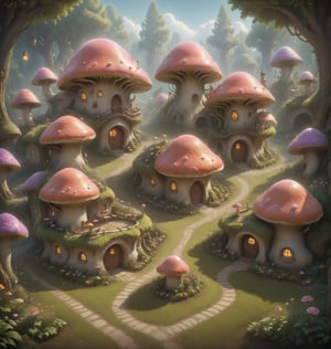 From a low aerial view, a quaint fantasy mushroom village nestles in the heart of a magical forest, surrounded by blooming flower gardens and lush vegetable patches, all contributing to the village's vibrant and joyful ambiance.