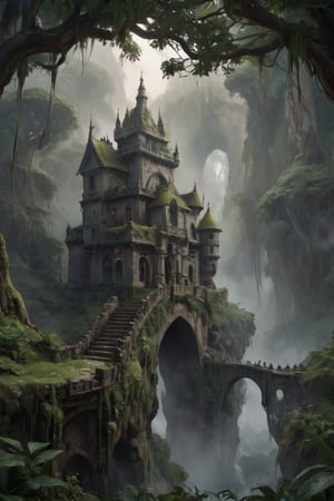 (Masterpiece), highest quality, 8k, HD, fantasy, green jungle, thick fog, mystery, lush green, gloomy, old castle architecture,