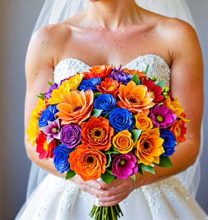 create a srtunning bride holding a stunning colourful small bouqet of flowers