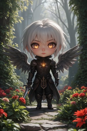 Masterpiece, best quality, stunning, extremely detailed CG unified 8k wallpaper, gothic, chibi version, standing on a haven garden, detailed background, 8k, 
,chibi, chibi version,Angelababy