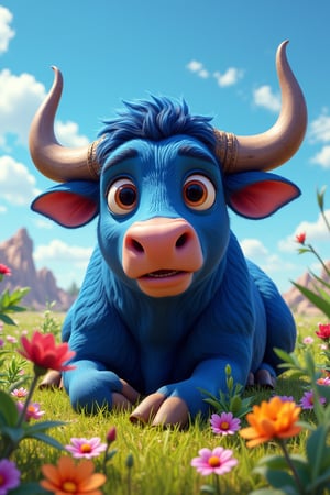 cartoon style , A  blue giant yet gentle bull of majestic size and big horns lays relaxed amongst the flowers in the paddock