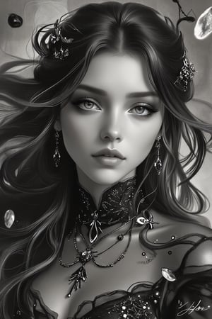 (1girl, solo, long hair, looking at viewer, closed mouth, monochrome, greyscale, earrings, lips, eyelashes, portrait), detailed textures, high quality, high resolution, high Accuracy, realism, color correction, Proper lighting settings, harmonious composition, Behance works,DonMD1g174l4sc3nc10nXL,photo r3al