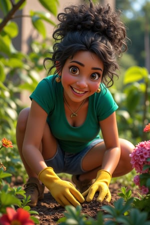 A  chubby, short island female, she has a flatish nose and a round chubby face . Her curly black/brown hair sits in a bun atop her head. Dressed in blue shorts and a green tshirts. She wears gardening gloves as she weeds her garden