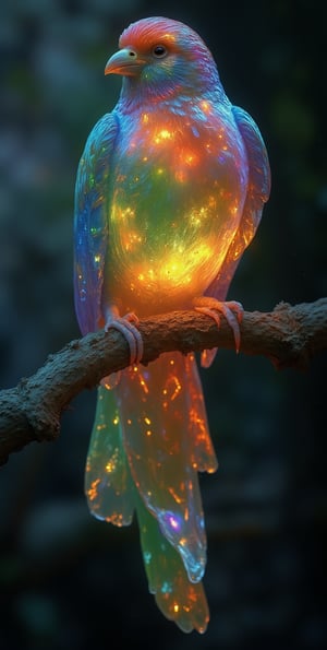 masterpiece, high quality, cinematic lighting, vibrant color, perched on a tree branch, , (colorful-glass carving sparrow) colorful-glass wing,XL,glitter,gbaywing,colorful