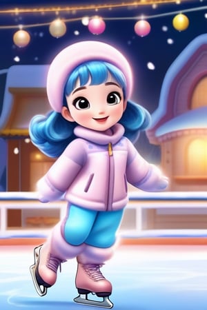 A group of friends decides to visit the outdoor ice-skating rink, all of them happy and having fun. Among them, a cute girl with sapphire-colored hair stands out. She glides gracefully in a cute pink winter jumpsuit, her joyful expression radiating as she skates happily away,Colors,disney pixar style,xuer shang dynasty,chibi