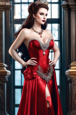 stunning vampire queen, dressed in a red gown, standing,  adorned in jewelery , perfect face,DonMB4nsh33XL ,Beautiful