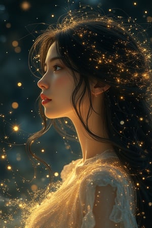 (a beautiful angel in the style of Carne Griffiths, Conrad Roset), (composition by Alphonse Mucha), gorgeous, heavenly, ethereal, soft glow surrounding her, bioluminesence, pitchblack background, long flowing black hair, stars, midnight,  more detail XL,Sparkle Glowing 