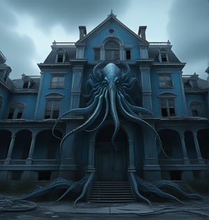 hyper-detailed,  photorealistic, ultra photoreal, cinematic shading Lovecraftian monster with tentacles standing in an abandoned, old, deteriorating large mansion with lots of spiderwebs, scary atmosphere, gloomy, blue tinted 
,zavy-hrglw