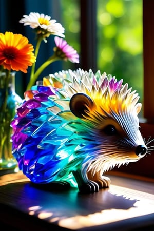 A glass hedgehog sits atop wooden table, . It is positioned in front of a window through which sunlight pours, creating prisms of the brightest colors that shine through the hedgehog. On either side of the hedgehog, a vase of wildflowers adds a touch of natural beauty, complementing the enchanting display of light and color, glass art,glass,more detail XL