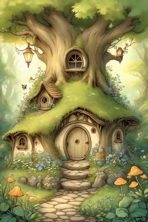 A whimsical scene unfolds as the camera captures the serene atmosphere of an enchanted forest. Amidst the lush green foliage and sunlit trees, a charming hobbit-style dwelling nestles cozily into the nook of a massive tree trunk. Smoke lazily billows from the chimney, carrying the scent of warmth and comfort. Steps lead up to the round door, inviting viewers to enter this mystical realm, whimscial, bugs, fairys, 50 degree wide angle, movie still,