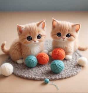 create the cutest little  kittens playing with balls of wool on a mat