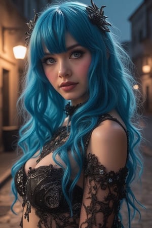 sexy, dressed in not much, high heels, bright blue hair, dark eyes, dressed in halloween coustme