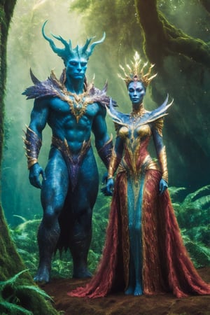 an alien planet with alien trees and plants, stnading in middle of the fauna are the Alien King and Queen of the planet, adorned in their finest cloting and jewels, they stand side by side, a amazing looking pair