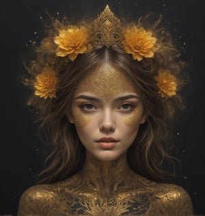 masterpiece, high quality photo, cool tone, (black simple background), colorful cute-girl carved on gold, (wide shot), , drtailed face,INK,ink,DonMB14ckB377yXL, golden and black spirit,golden patterns