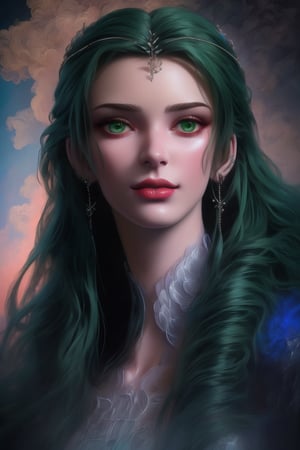 (masterpiece),(((20 year old))) ((best quality)), ((True Color)), Vintage Retro Photography, ultra-detailed, (Fashion Editorial), (illustration),  (dynamic angle), (Portrait),  (woman), ((detailed face)), (extra long hair), (Red and Green dress), beautiful detailed Green eyes, (mystical landscape), 