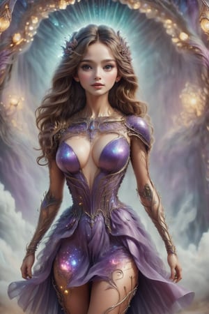 Create a high-definition image of a stunning female wearing a metallic purple dress. The background should be beyond magical, filled with fantastical elements such as glowing lights, ethereal landscapes, and vibrant, surreal colors. The scene should evoke a sense of wonder and enchantment, with intricate details and a dreamlike atmosphere. The image should be visibly clear with no deformities or blurry art, capturing both the beauty of the female and the magic of the background