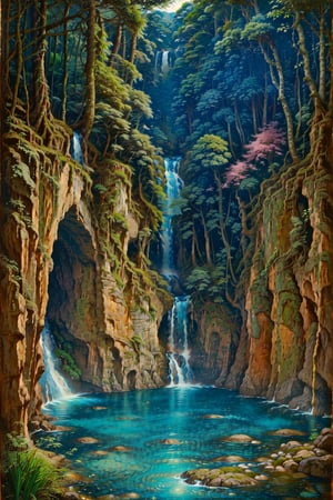 Nestled deep in the rainforest, there is an opening between a forest of trees that lead you to an deep spring of fresh water that is filled from the high beautilf radiant waterfall that falls from above,More Detail, colorful_sty,Nature