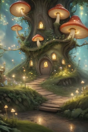 Envision a whimsical, magical mushroom village where little fireflies dance in the air and adorable fairies dwell.,fairytale,Fairy,Fairy dress