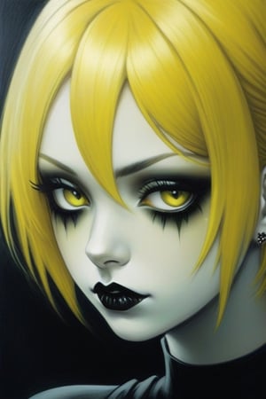 Create an close up of a female with short yellow hair , a few yellow little black are in her hair, wearing a black collared dress, her eyes a reflection of her soul,fflixmj6,goth person