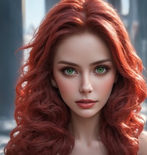 create a close up of a womens face , intense green eyes, pale sking, long curly bright red hair, she has intense gaze, she is a suucbus, she is evil, NJI BEAUTY,witsucc