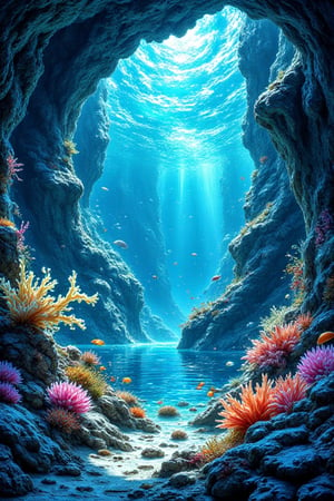 Paint a photorealistic depiction of an deep underwater cave filled with rich marine biodiversity. Emphasize the colorful sea plants and the clear blue water. Strive for a stunning, high-definition image packed with lifelike details that draws the viewer into this aquatic haven.