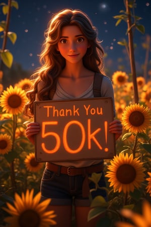  holding an orante sign that has the text 'Thank You 50k!, aesthetic portrait, 1girl,solo, long hair, bokeh, in a field of sunflowers and lantrns on poles, cinematic, nighttime ,aesthetic portrait,b3rli,ch3ls3a