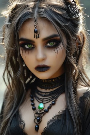 create a beautiful women with a  dark soul, dark boho, black sclera eyes, hkmagic, DonMV31l0fD4rkn355XL, drkbh