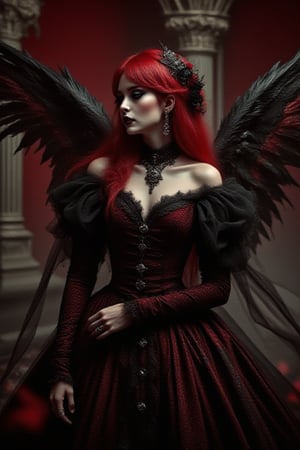 goth/angel combination, her hair is red, her gown is black and red velvet, her make up is goth, jewels, perfect, beautiful