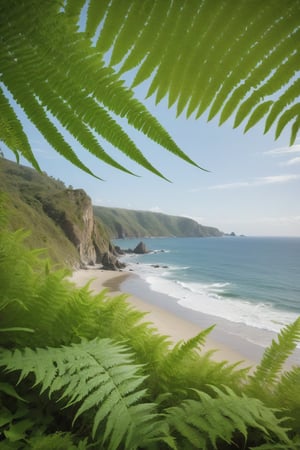 Create a high-definition scene capturing the beauty of a coastal landscape with vibrant greenery. In the foreground, focus on a large, unfurling fern frond with intricate details. The background should feature a serene beach with gentle waves lapping against the shore, rocky outcrops scattered along the coastline, and lush green cliffs bordering the ocean. The sky above is clear and blue, adding to the tranquil atmosphere. The overall composition should evoke a sense of natural beauty and serenity, with sharp, vivid details in both the foreground and background