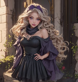 Create a high-definition image of a lady of beauty and grace walking into a restaurant for a dinner date. She wears a long, slim black strapless dress and purple high heels. Her wavy, medium-length greyish hair sits perfectly on her head, and she has a silk purple scarf around her shoulders. Her makeup is done perfectly, and she wears lovely jewels. Her lips are slightly apart, and she has a sly smile. The image should be visibly clear with no deformities or blurry art.