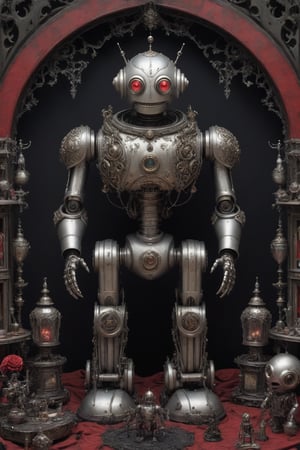 A gothic robot creation, surrounded by ornate, otherworldly objects,Gothic,more detail XL