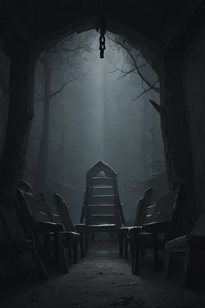 theres an opeing in a dark errie forest, mist is all around, in th clearing there is an old hauted abadoned house, it shitters hang half off, there is an old rocking chair on the derilict porch, dead tress cast shadows on the gound, an old broken doen dog house with a chain attched to it sits quiet