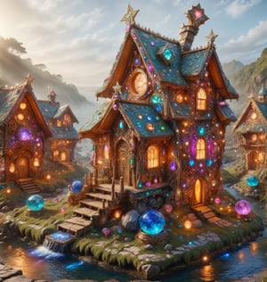 Create a high-definition, fantastical magical mystical village that glows  with rom the gems that adorn their little houses