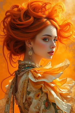 Airbrushing (Beautiful mystical allure) long swirling hair, smart, environment, Using airbrushing for art, often for smooth gradients, spray effects, or automotive art,1 girl,anime, orange