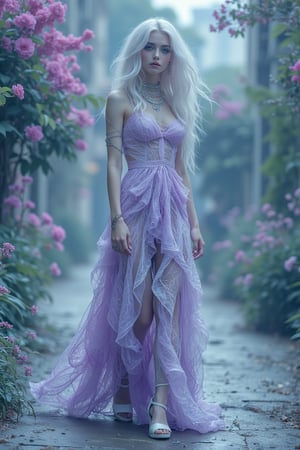 1 girl, albino goth girl, with y smokey eyes, lilac  hair, White eyebrows ,long single strap dress, wite sandals