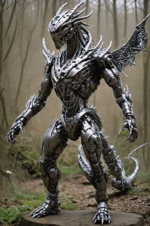 combine all to make an epic scene, wire sculpture,dragon robot,c1bo