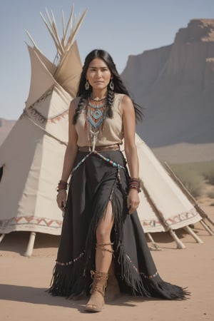 Create an image of a Navajo Indian teepee with a female elder standing in front. She is wearing her full traditional dress and jewelry, with her long black hair braided over her shoulder and a slight smile on her face, Native American,Expressiveh