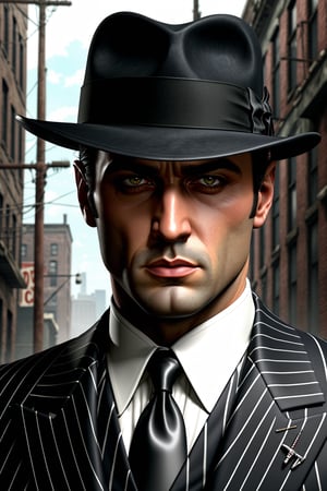 the scene is a mobster, in his pin striped suit and black hat . High quality, high resoltion.