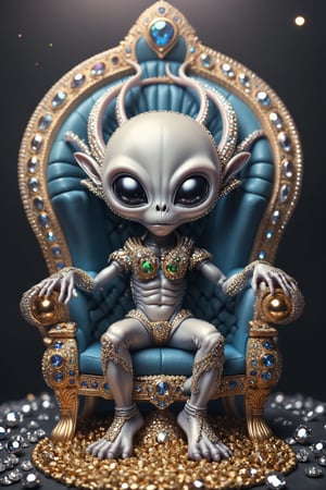 create a blinged out alien sitting on his throne surrounded by other blinged out aliens 